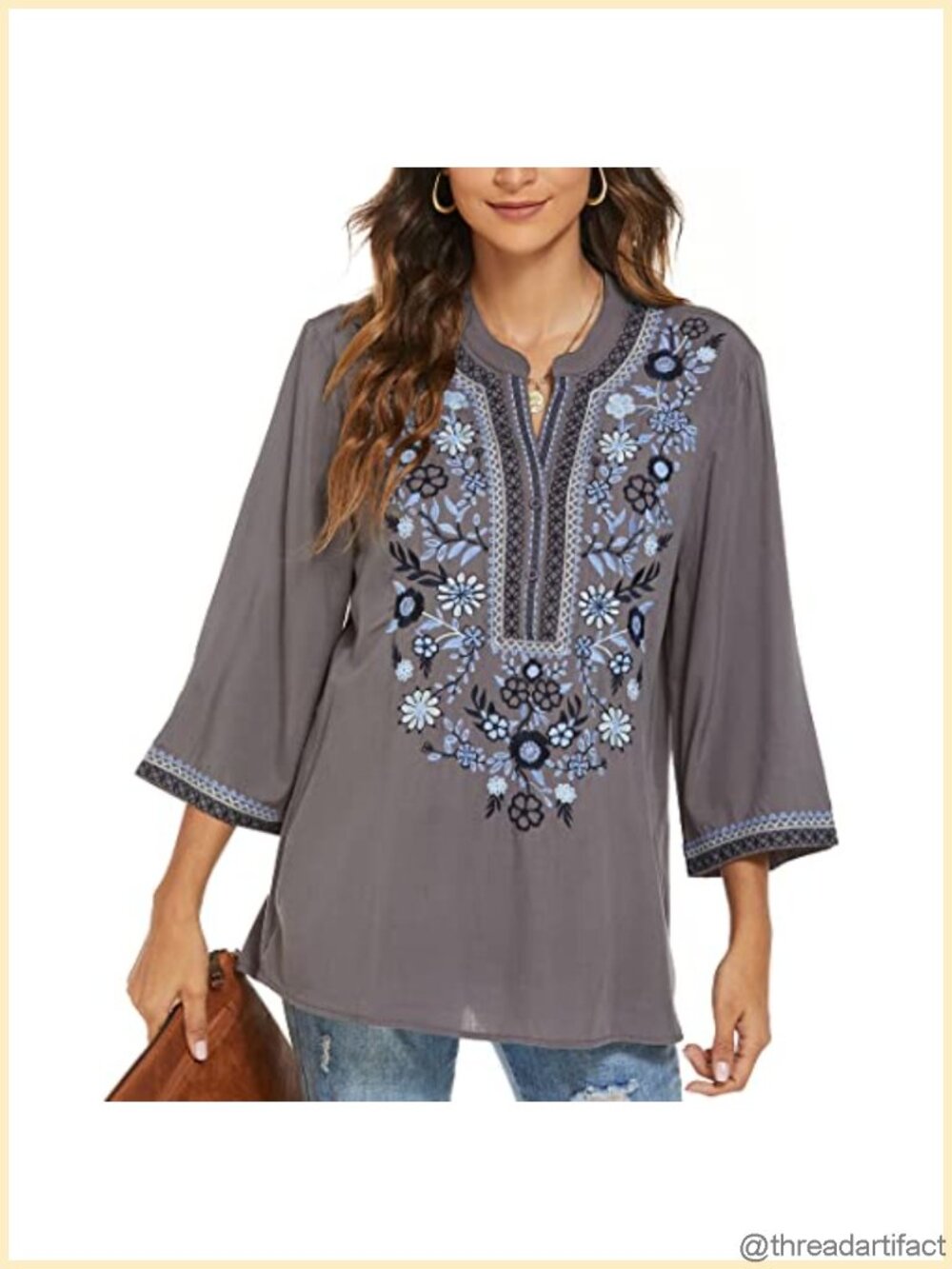Embroidered V Neck 3/4 Sleeve Tunic Blouse Peasant Boho Top